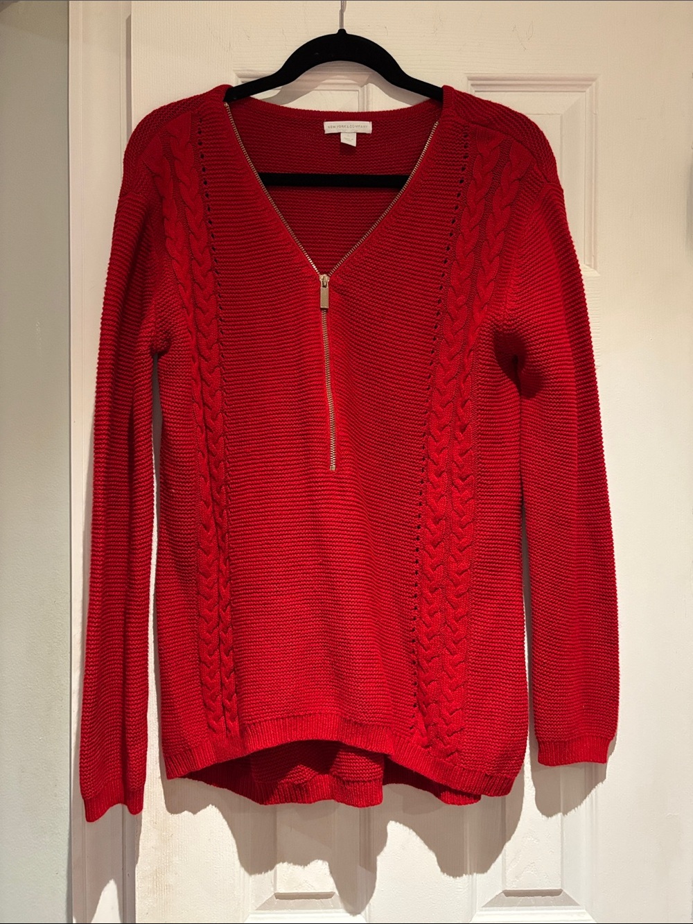 New York & Company Red Half-Zip Cable Knit Sweater - Women